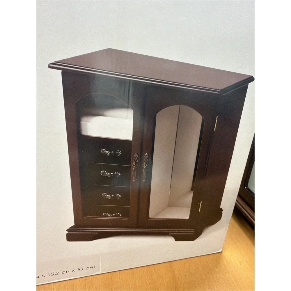 FRONT GLASS JEWELRY BOX-RING ROLL CLOSET, 4 DRAWERS, REVOLVING HANGER,MIRROR NEW